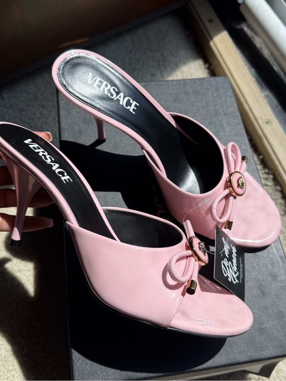Versace Opera Bow Pink Patent Mules